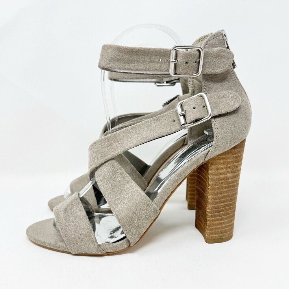 Carlos Santana Laura Grey Taupe Fabric Sandal Open Toe Mule‎ Stacked Block Heel
